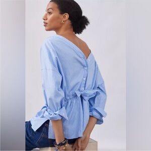 Harshman for Anthropologie | Tie Back Amelia Shirt | Blue Pinstripes | L
